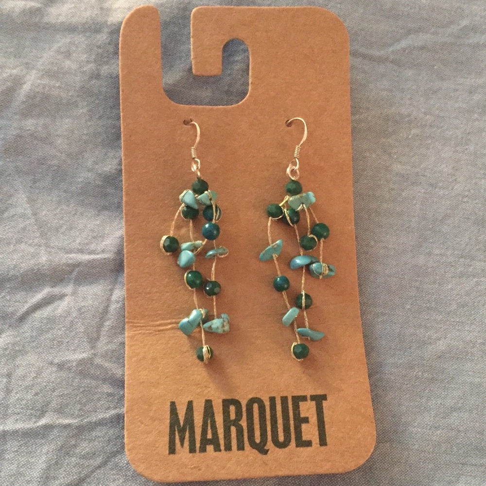 Artisan Tumbled Stone & Silk Floating Earrings Teal and Blue Tones NWT